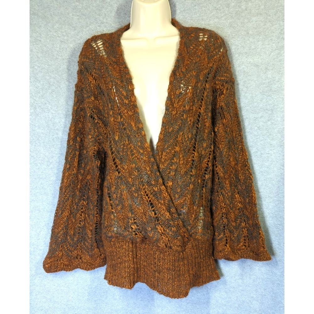 Vtg Stile Benetton Chunky Cable Knit Sweater L Crossover Wrap Rust Black Italy